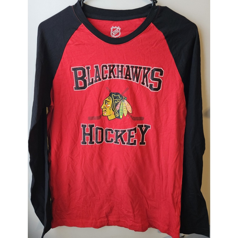 NHL Chicago Blackhawks Hockey Youth Long Sleeve Shirt‎ Red/Black Sz 14/16 L NWT
